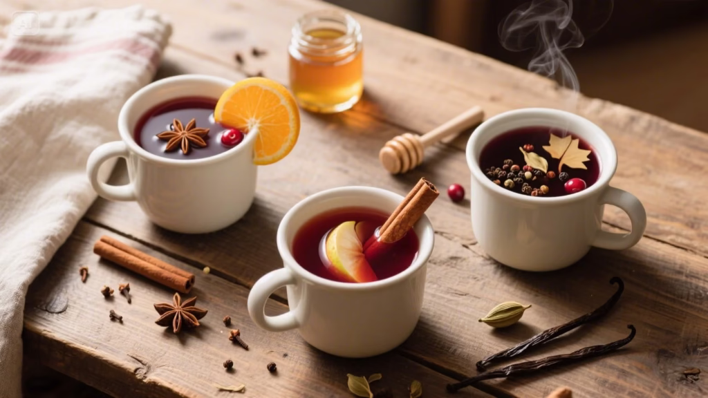 Trois tasses de jus de canneberges chaud sur une table rustique, chacune représentant une variante : classique aux épices, adoucie au jus de pomme, et version chai avec cardamome et vanille.