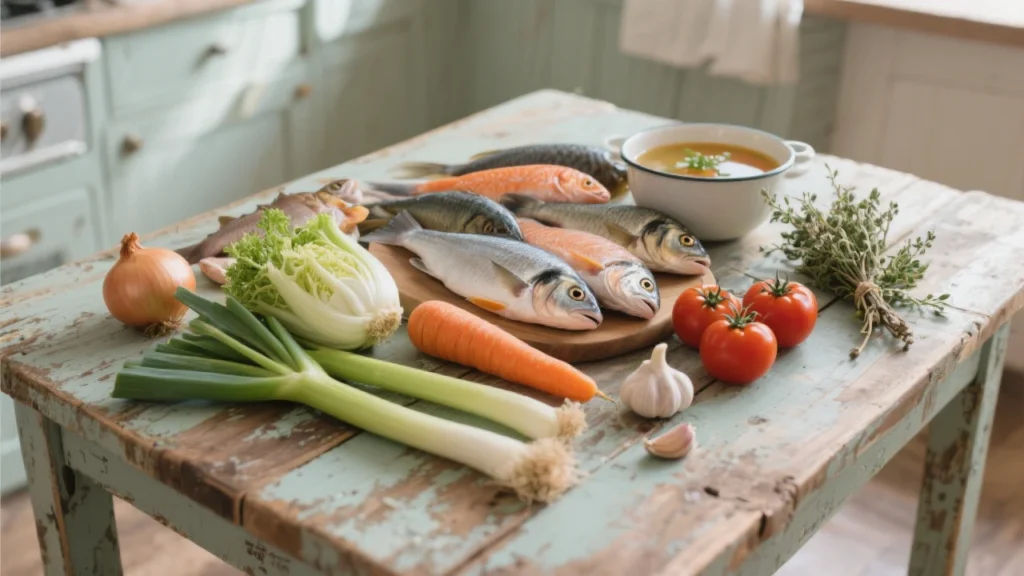 Assiette de soupe de poisson orangée avec croûtons, accompagnée de baguette et de sauce rouille sur une table en bois