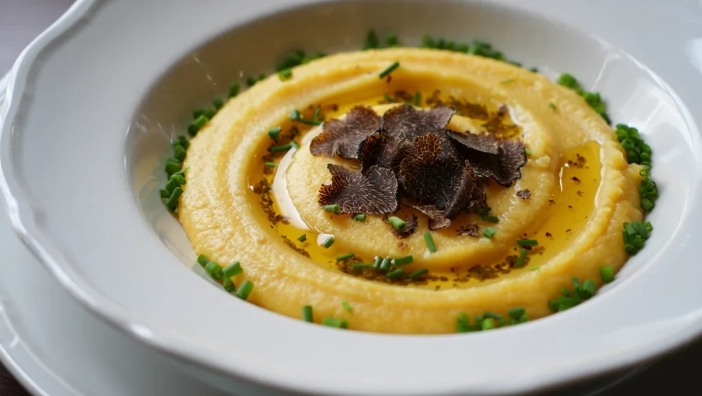 Polenta crémeuse dorée et onctueuse, servie dans un bol rustique ou une assiette creuse, garnie de parmesan fraîchement râpé et d’un filet d’huile d’olive. Accompagnée de légumes grillés colorés ou d’une sauce aux champignons pour un contraste élégant. Arrière-plan épuré avec lumière naturelle douce pour un effet appétissant et chaleureux.