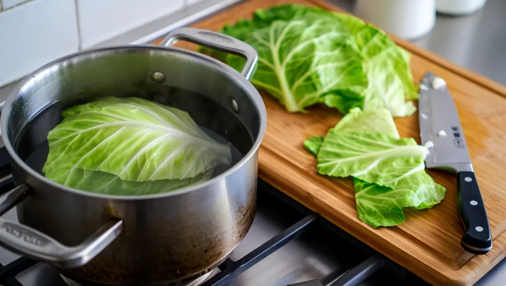Un plat traditionnel de chou farci, composé de feuilles de chou vert farcies d’un mélange savoureux de viande hachée, riz, oignons et herbes. Les rouleaux de chou sont disposés dans une cocotte en fonte ou un plat familial, mijotant dans une sauce tomate riche accompagnée de carottes, céleri et laurier. Garni de persil frais, ce plat réconfortant est parfait pour les repas familiaux.