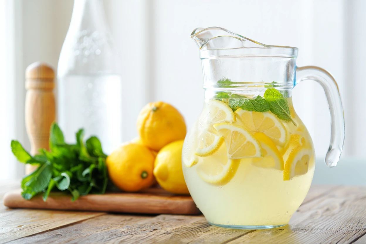 Limonade maison fraîche servie dans un pichet en verre avec des tranches de citron, des feuilles de menthe et des glaçons. Arrière-plan : citrons, menthe fraîche, bouteille d’eau pétillante et presse-citron en bois sur une table en bois clair. Recette estivale légère, sans alcool, faible en calories.