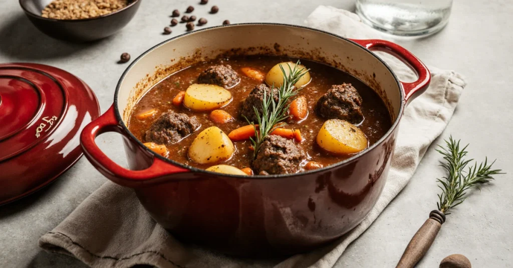 Recette paleron de bœuf braisé servi dans une cocotte rouge, avec pommes de terre, carottes et sauce onctueuse
