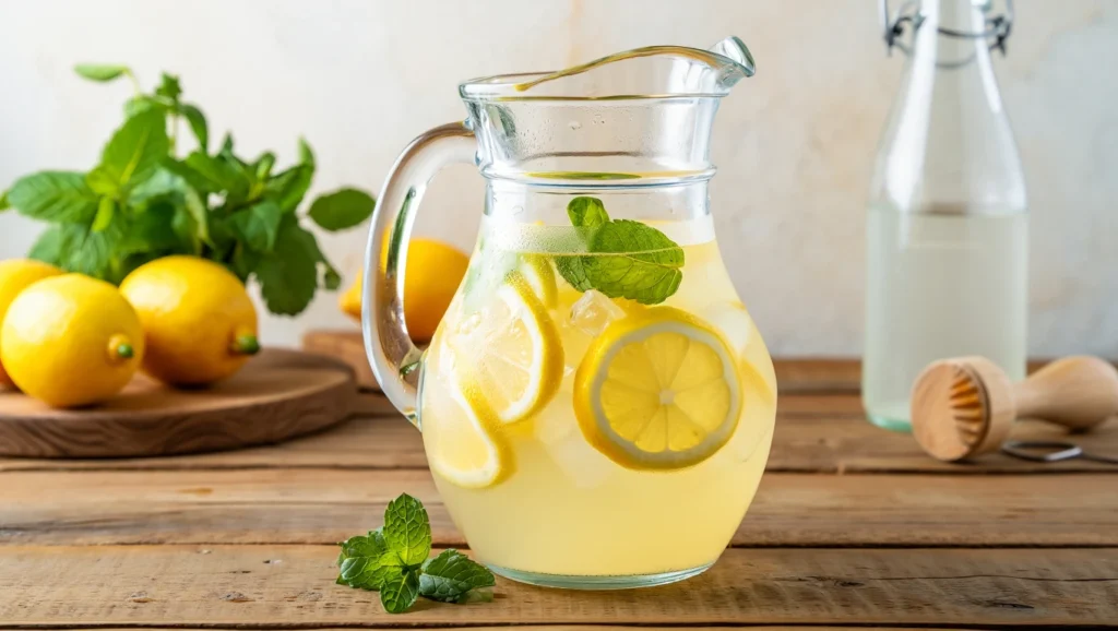 Limonade maison fraîche servie dans un pichet en verre avec des tranches de citron, des feuilles de menthe et des glaçons. Arrière-plan : citrons, menthe fraîche, bouteille d’eau pétillante et presse-citron en bois sur une table en bois clair. Recette estivale légère, sans alcool, faible en calories.