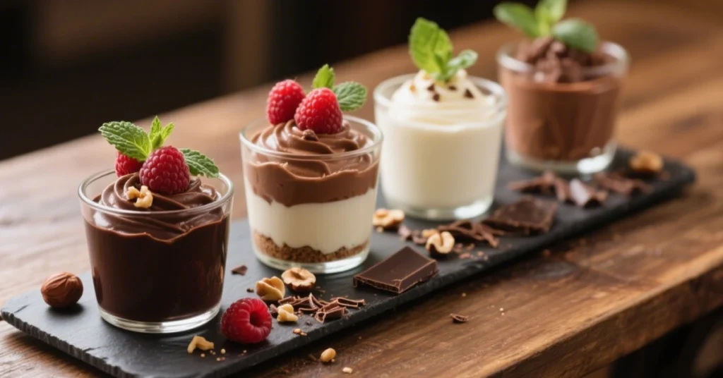 Recette mousse au chocolat 6 « Mousse au chocolat onctueuse préparée maison, montrant les étapes de préparation, les ingrédients frais et plusieurs variations gourmandes du dessert