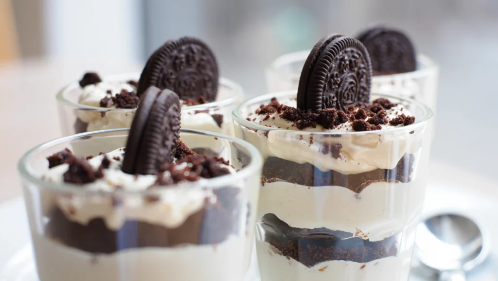 Tiramisu aux Oréos, un dessert gourmand et facile à préparer, composé de couches alternées de crème mascarpone onctueuse et de brisures croquantes de biscuits Oreo. Servi dans des verrines ou un grand plat familial, ce dessert est décoré de miettes d'Oréos et de biscuits entiers pour un contraste irrésistible entre le noir et le blanc
