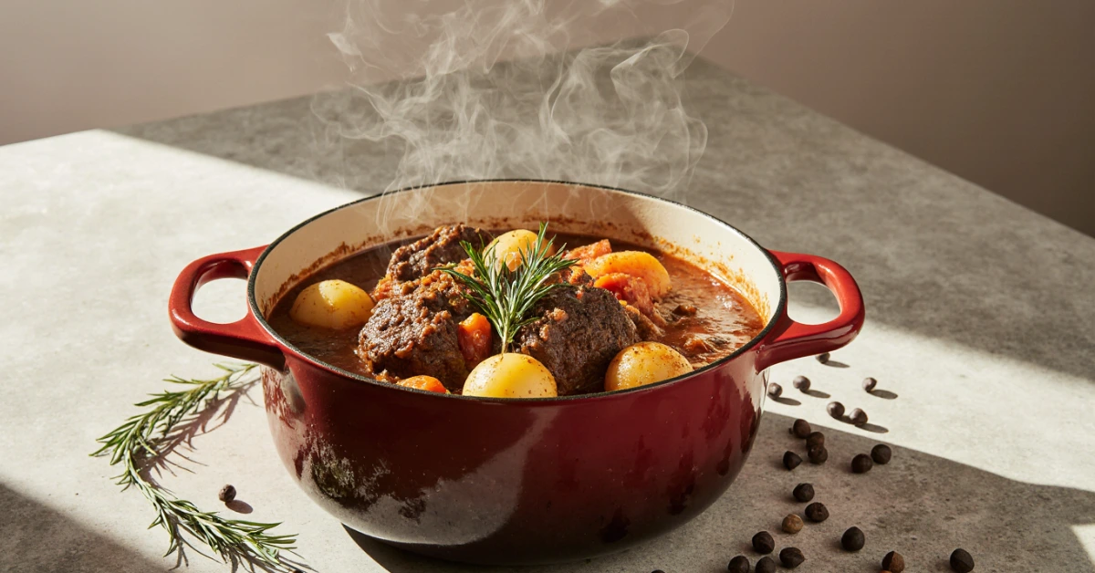 Paleron de bœuf braisé servi dans une cocotte rouge, avec pommes de terre, carottes et sauce onctueuse.