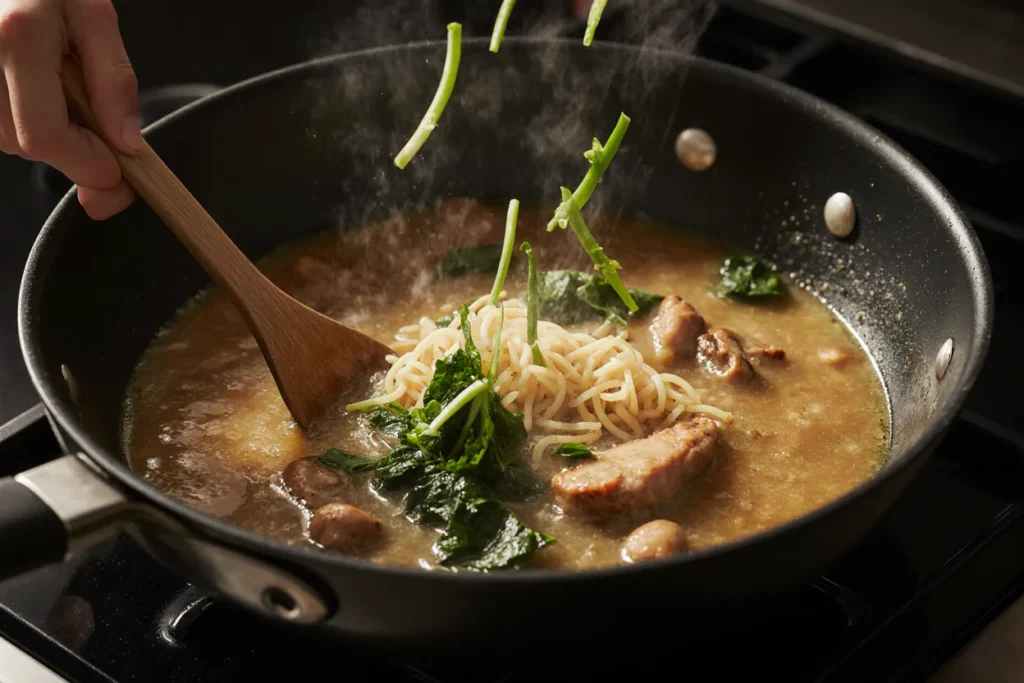 Recette Ramen aux Champignons et Crevettes : Soupe Japonaise Authentique en 16 Minutes 5 Un bol fumant de recette ramen japonais traditionnel, avec des nouilles parfaitement cuites baignant dans un bouillon parfumé et riche. Garni de crevettes tendres, de champignons noirs, de lamelles de carottes croquantes, de pousses d’épinards frais et de coriandre ciselée. Servi dans un bol en céramique avec des baguettes et une cuillère chinoise, ce plat réconfortant est décoré d’un quartier de citron vert pour une touche d’acidité.