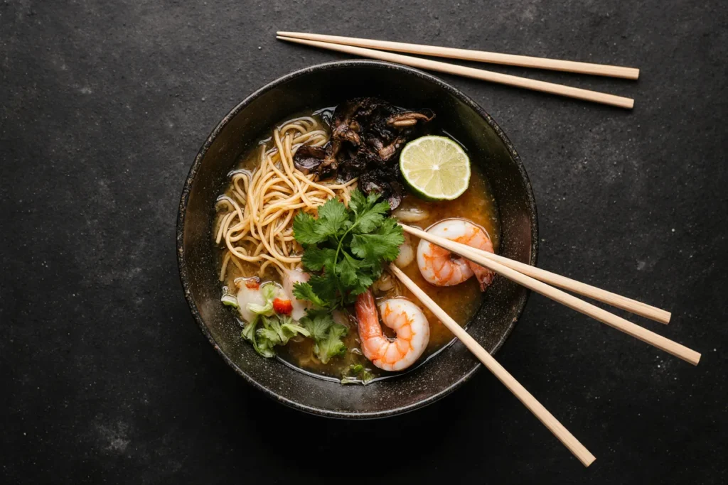 Recette Ramen aux Champignons et Crevettes : Soupe Japonaise Authentique en 16 Minutes 6 Un bol fumant de recette ramen japonais traditionnel, avec des nouilles parfaitement cuites baignant dans un bouillon parfumé et riche. Garni de crevettes tendres, de champignons noirs, de lamelles de carottes croquantes, de pousses d’épinards frais et de coriandre ciselée. Servi dans un bol en céramique avec des baguettes et une cuillère chinoise, ce plat réconfortant est décoré d’un quartier de citron vert pour une touche d’acidité.
