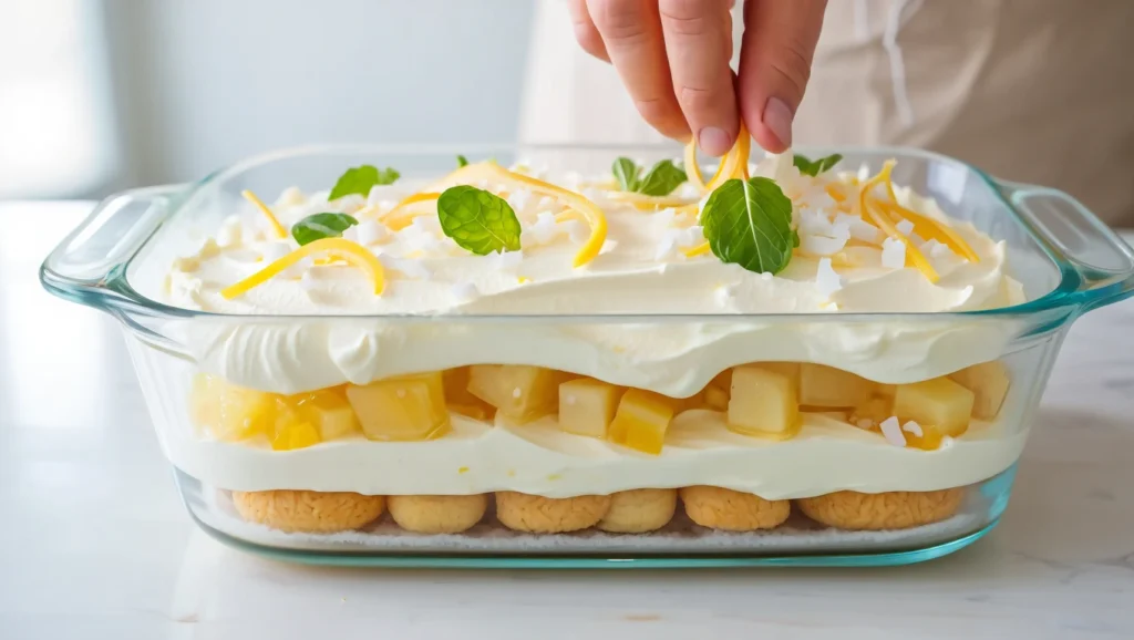 Tiramisu ananas frais, un dessert léger et acidulé parfait pour l’été. Composé de couches alternées de boudoirs imbibés d’un sirop citronné, de crème mascarpone onctueuse et de dés d’ananas juteux. Présenté dans des verrines ou un plat familial, décoré de zestes de citron, de feuilles de menthe fraîche et de copeaux de noix de coco pour une touche exotique. Éclairage doux mettant en valeur les textures crémeuses et les couleurs vibrantes.