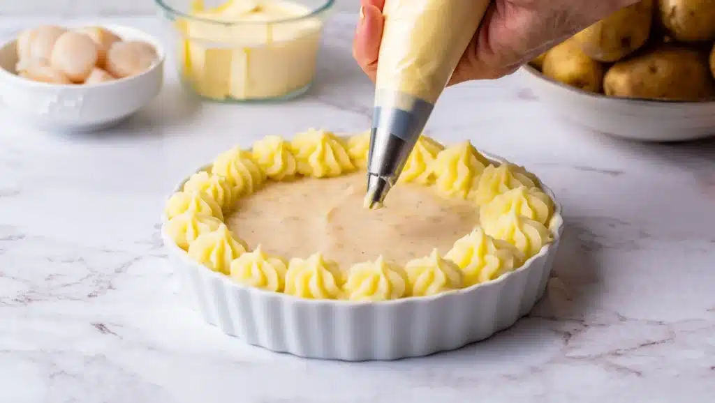 Coquilles Saint-Jacques gratinées maison, pétoncles fondants nappés d’une sauce crémeuse aux échalotes et gratinés avec une purée dorée