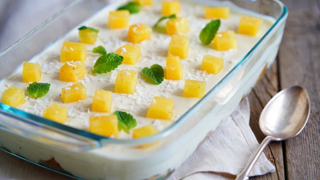 Tiramisu ananas frais, un dessert léger et acidulé parfait pour l’été. Composé de couches alternées de boudoirs imbibés d’un sirop citronné, de crème mascarpone onctueuse et de dés d’ananas juteux. Présenté dans des verrines ou un plat familial, décoré de zestes de citron, de feuilles de menthe fraîche et de copeaux de noix de coco pour une touche exotique. Éclairage doux mettant en valeur les textures crémeuses et les couleurs vibrantes.