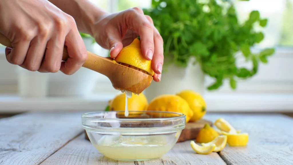 limonade classique maison fraîche servie dans un pichet en verre avec des tranches de citron, des feuilles de menthe et des glaçons. Arrière-plan : citrons, menthe fraîche, bouteille d’eau pétillante et presse-citron en bois sur une table en bois clair. Recette estivale légère, sans alcool, faible en calories.