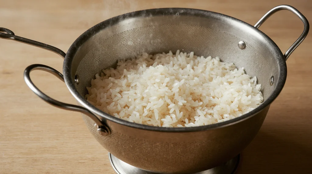 Un plat appétissant de riz cantonais, composé de grains de riz blanc parfaitement séparés, mélangés avec des petits pois verts vifs, des morceaux de jambon rose tendre, et des œufs brouillés crémeux. Garni de cébettes ciselées fraîches et accompagné d’une sauce soja légèrement versée sur le dessus. Servi chaud dans une assiette blanche ou un bol traditionnel, ce plat est décoré pour un contraste visuel saisissant entre les couleurs et textures.