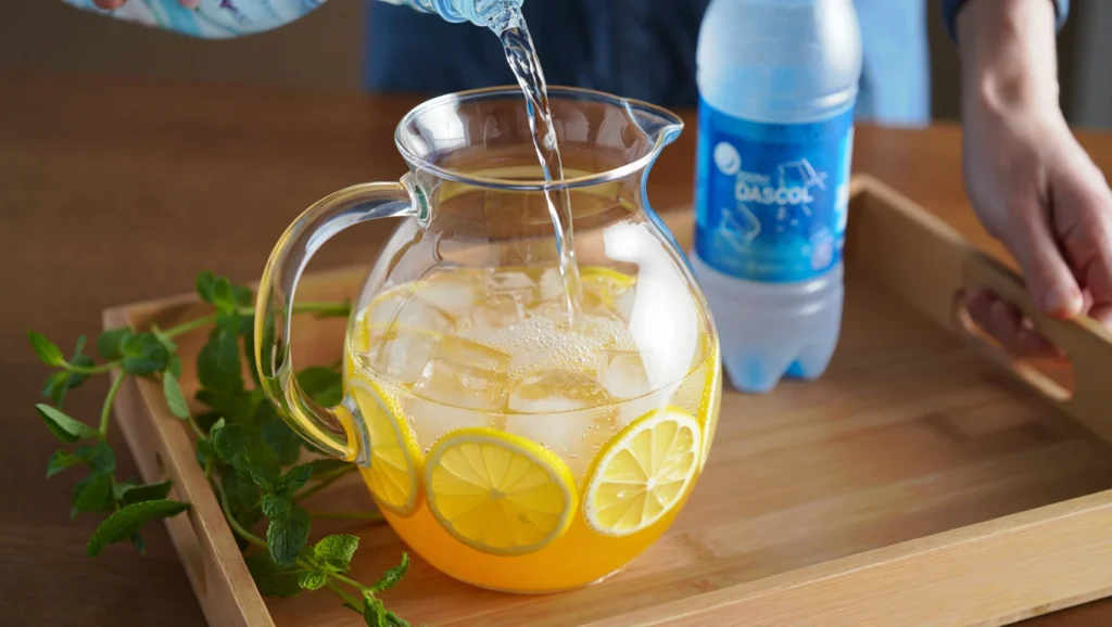 Limonade maison fraîche servie dans un pichet en verre avec des tranches de citron, des feuilles de menthe et des glaçons. Arrière-plan : citrons, menthe fraîche, bouteille d’eau pétillante et presse-citron en bois sur une table en bois clair. Recette estivale légère, sans alcool, faible en calories.