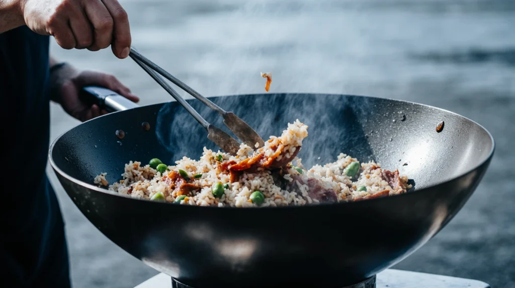 Un plat appétissant de riz cantonais, composé de grains de riz blanc parfaitement séparés, mélangés avec des petits pois verts vifs, des morceaux de jambon rose tendre, et des œufs brouillés crémeux. Garni de cébettes ciselées fraîches et accompagné d’une sauce soja légèrement versée sur le dessus. Servi chaud dans une assiette blanche ou un bol traditionnel, ce plat est décoré pour un contraste visuel saisissant entre les couleurs et textures.