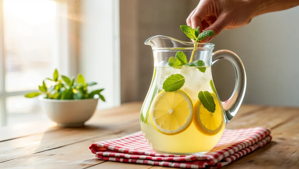 Limonade maison fraîche servie dans un pichet en verre avec des tranches de citron, des feuilles de menthe et des glaçons. Arrière-plan : citrons, menthe fraîche, bouteille d’eau pétillante et presse-citron en bois sur une table en bois clair. Recette estivale légère, sans alcool, faible en calories.