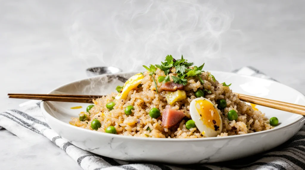 Un plat appétissant de riz cantonais, composé de grains de riz blanc parfaitement séparés, mélangés avec des petits pois verts vifs, des morceaux de jambon rose tendre, et des œufs brouillés crémeux. Garni de cébettes ciselées fraîches et accompagné d’une sauce soja légèrement versée sur le dessus. Servi chaud dans une assiette blanche ou un bol traditionnel, ce plat est décoré pour un contraste visuel saisissant entre les couleurs et textures.