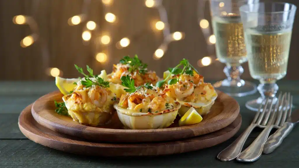 Coquilles Saint-Jacques gratinées maison, pétoncles fondants nappés d’une sauce crémeuse aux échalotes et gratinés avec une purée dorée