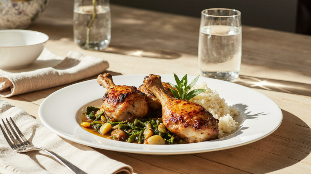 Pilons de poulet rôtis au paprika fumé et curcuma, servis dans une poêle ou sur assiette, peau croustillante et dorée, accompagnements variés, scène de cuisine maison chaleureuse, style culinaire éditorial.