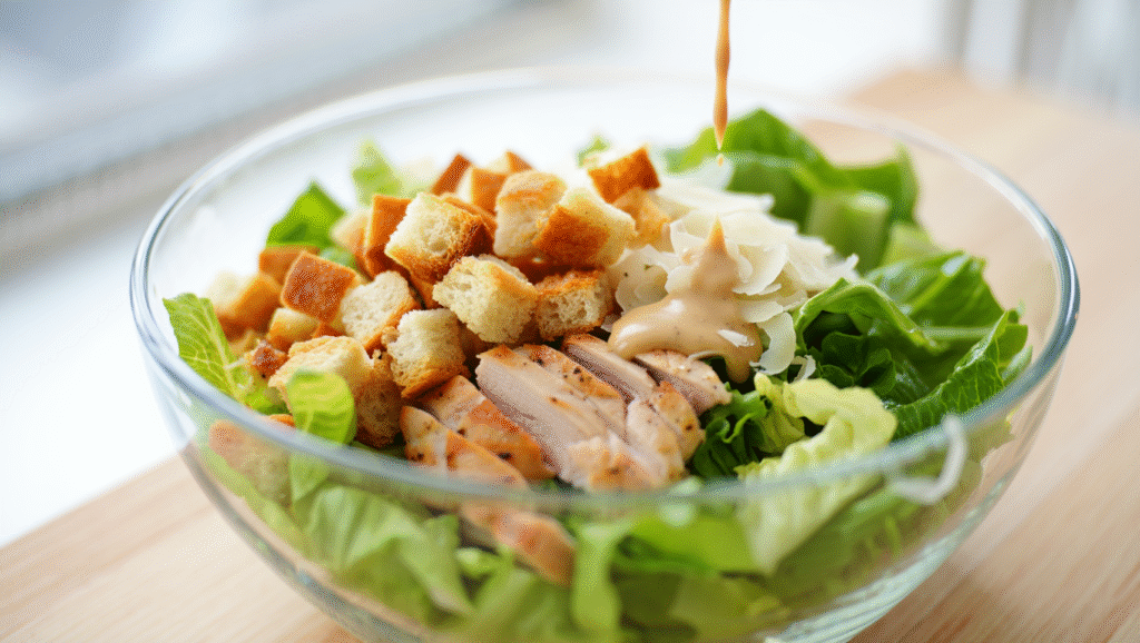 Une salade César fraîche et appétissante, composée de feuilles de laitue romaine croquantes, de morceaux de poulet grillé dorés, de croûtons maison croustillants et de copeaux de parmesan frais. Une sauce César crémeuse est délicatement drizzle sur le dessus, mettant en valeur les textures et les couleurs vibrantes. Servie dans un bol en bois ou une assiette élégante, cette recette facile et rapide est parfaite pour un repas léger et gourmand.