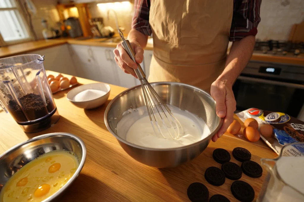Tiramisu aux Oréos, un dessert gourmand et facile à préparer, composé de couches alternées de crème mascarpone onctueuse et de brisures croquantes de biscuits Oreo. Servi dans des verrines ou un grand plat familial, ce dessert est décoré de miettes d'Oréos et de biscuits entiers pour un contraste irrésistible entre le noir et le blanc