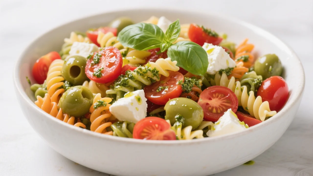 Salade de pâtes italienne colorée servie dans un grand bol blanc avec tomates cerises, mozzarella, basilic et olives noires