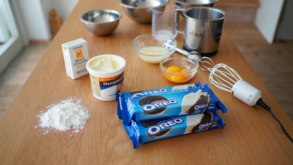 Tiramisu aux Oréos, un dessert gourmand et facile à préparer, composé de couches alternées de crème mascarpone onctueuse et de brisures croquantes de biscuits Oreo. Servi dans des verrines ou un grand plat familial, ce dessert est décoré de miettes d'Oréos et de biscuits entiers pour un contraste irrésistible entre le noir et le blanc