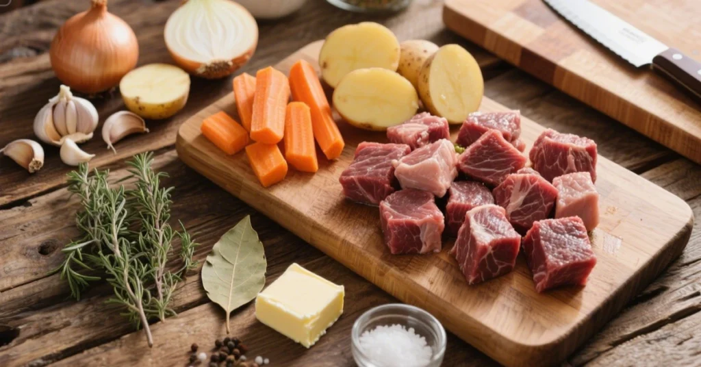 Recette paleron de bœuf braisé servi dans une cocotte rouge, avec pommes de terre, carottes et sauce onctueuse