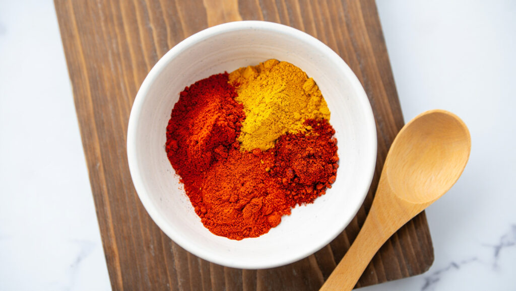 Pilons de poulet rôtis au paprika fumé et curcuma, servis dans une poêle ou sur assiette, peau croustillante et dorée, accompagnements variés, scène de cuisine maison chaleureuse, style culinaire éditorial.