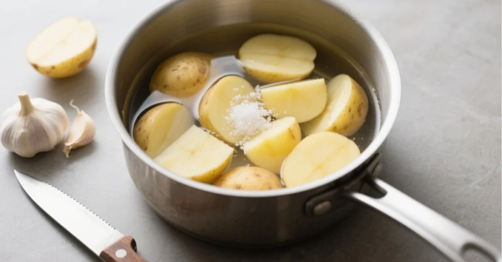 Aligot à l’ancienne, purée filante de pommes de terre et tomme fraîche de l’Aubrac, plat traditionnel gourmand servi chaud avec saucisse et salad