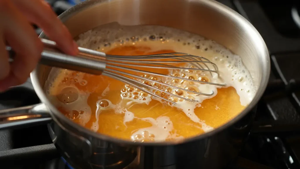 Pouding chômeur maison au sirop d’érable, gâteau doré et moelleux avec sauce fondante, présenté dans un plat carré, ambiance rustique et chaleureuse.