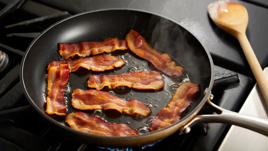 Quiche Lorraine à la dinde dorée et appétissante, servie sur une assiette blanche avec une salade verte légère. Garnie de persil frais et accompagnée d’un couteau en bois. Arrière-plan rustique avec nappe à carreaux rouges et blancs, ambiance chaleureuse et conviviale
