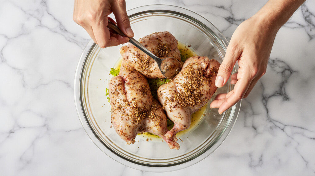 Pilons de poulet rôtis au paprika fumé et curcuma, servis dans une poêle ou sur assiette, peau croustillante et dorée, accompagnements variés, scène de cuisine maison chaleureuse, style culinaire éditorial.