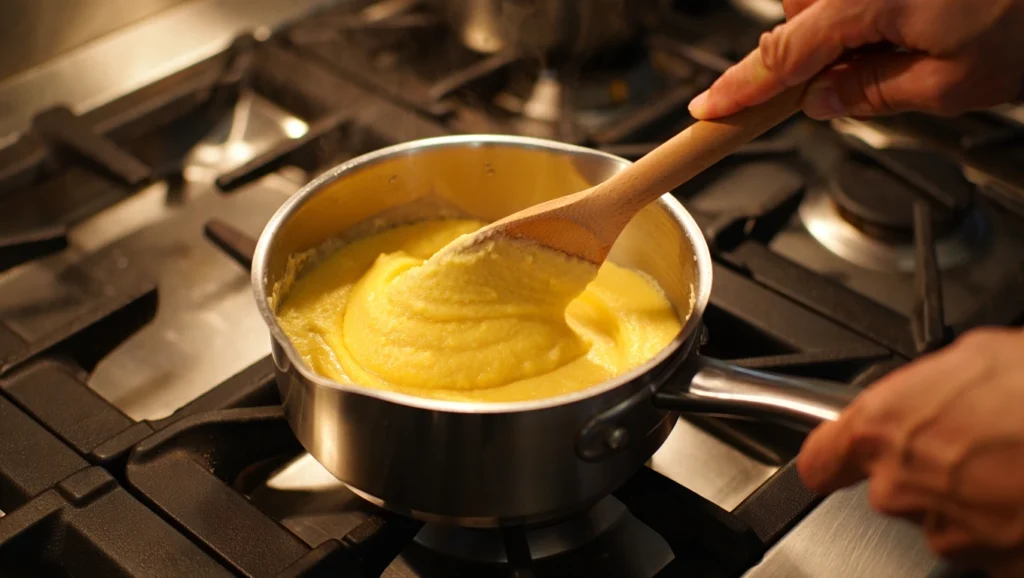 Polenta crémeuse dorée et onctueuse, servie dans un bol rustique ou une assiette creuse, garnie de parmesan fraîchement râpé et d’un filet d’huile d’olive. Accompagnée de légumes grillés colorés ou d’une sauce aux champignons pour un contraste élégant. Arrière-plan épuré avec lumière naturelle douce pour un effet appétissant et chaleureux.