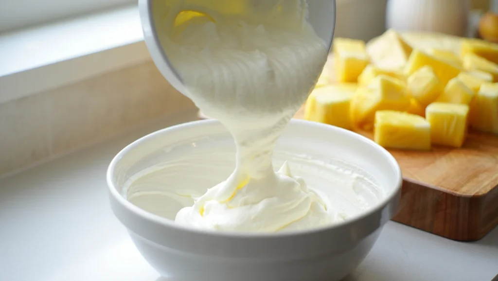 Tiramisu ananas frais, un dessert léger et acidulé parfait pour l’été. Composé de couches alternées de boudoirs imbibés d’un sirop citronné, de crème mascarpone onctueuse et de dés d’ananas juteux. Présenté dans des verrines ou un plat familial, décoré de zestes de citron, de feuilles de menthe fraîche et de copeaux de noix de coco pour une touche exotique. Éclairage doux mettant en valeur les textures crémeuses et les couleurs vibrantes.