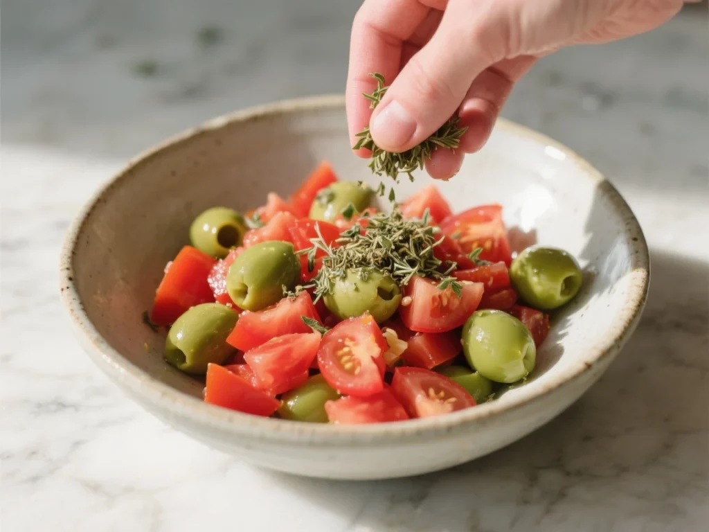 Salade de pâtes italienne colorée servie dans un grand bol blanc avec tomates cerises, mozzarella, basilic et olives noires