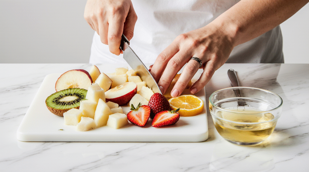 Salade de fruits colorée servie dans un grand bol en verre avec morceaux de fraise, kiwi, ananas et raisin