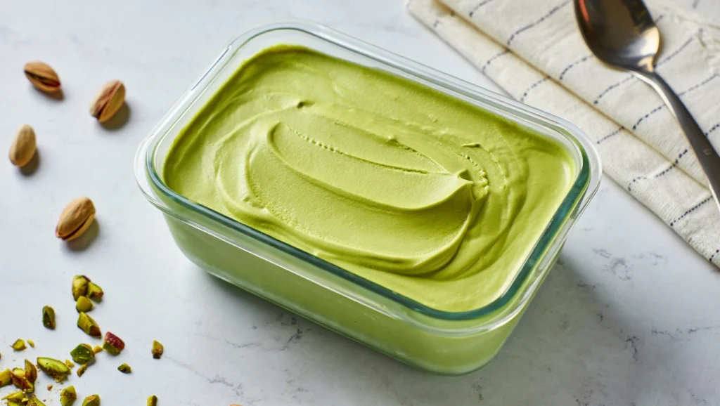 Glace pistache maison crémeuse, réalisée sans colorant, à base de crème anglaise et pâte de pistache pure. Étapes illustrées : préparation de la crème, maturation, turbinage, service élégant. Texture onctueuse, couleur verte naturelle, visuels doux et gourmands.