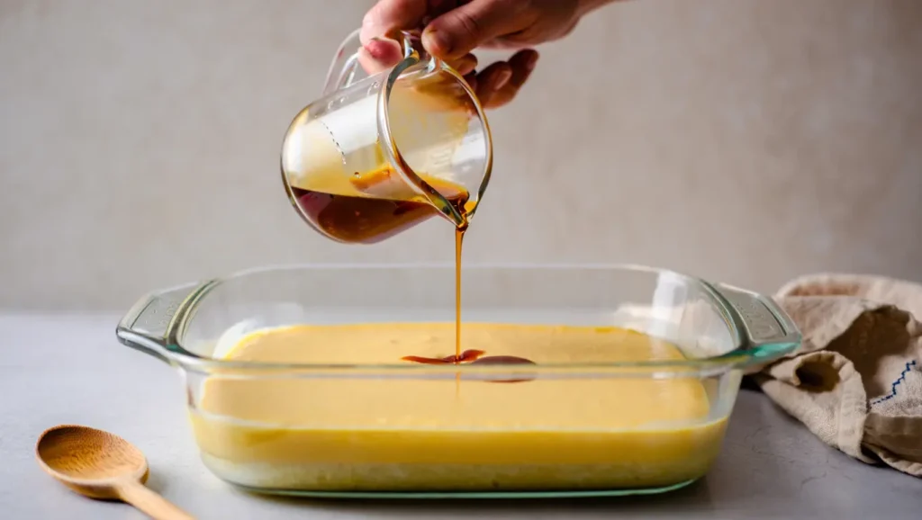 Pouding chômeur maison au sirop d’érable, gâteau doré et moelleux avec sauce fondante, présenté dans un plat carré, ambiance rustique et chaleureuse.