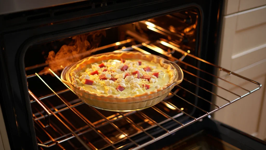 Quiche sans pâte dorée et appétissante, servie dans un plat à tarte rond. Garnie de lardons de dinde, de fromage fondu et parsemée de persil frais. Accompagnée d’une salade verte légère sur un côté. Arrière-plan rustique avec nappe en lin et lumière naturelle douce.