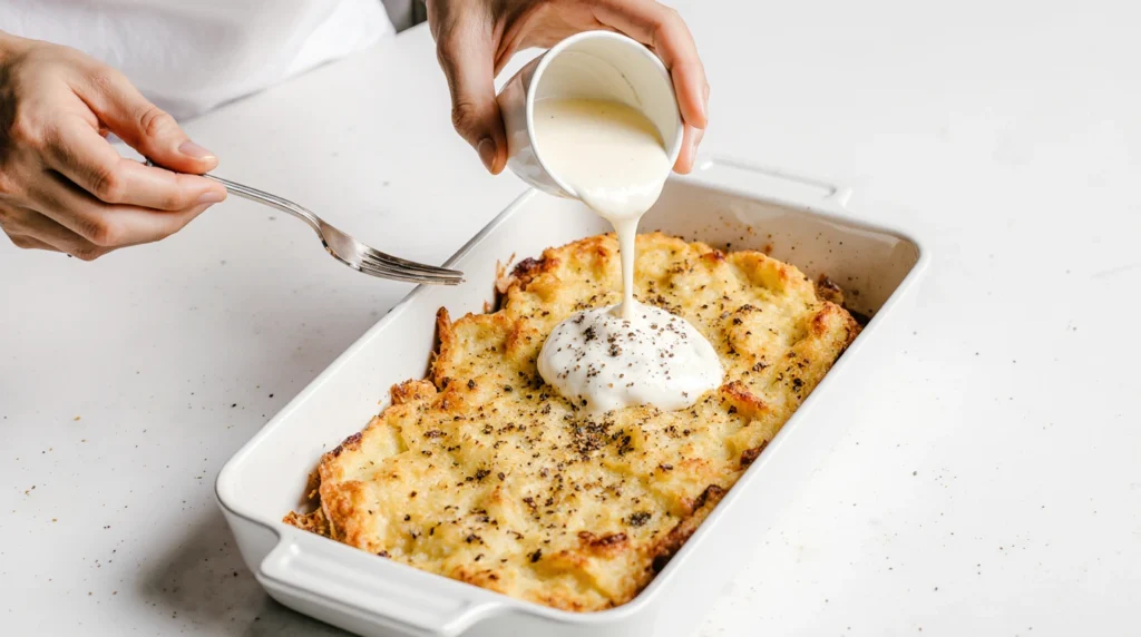 Gratin de Figatellu corse doré au four, avec des tranches de figatellu croustillantes, pommes de terre fondantes et oignons caramélisés dans un plat rustique en céramique.