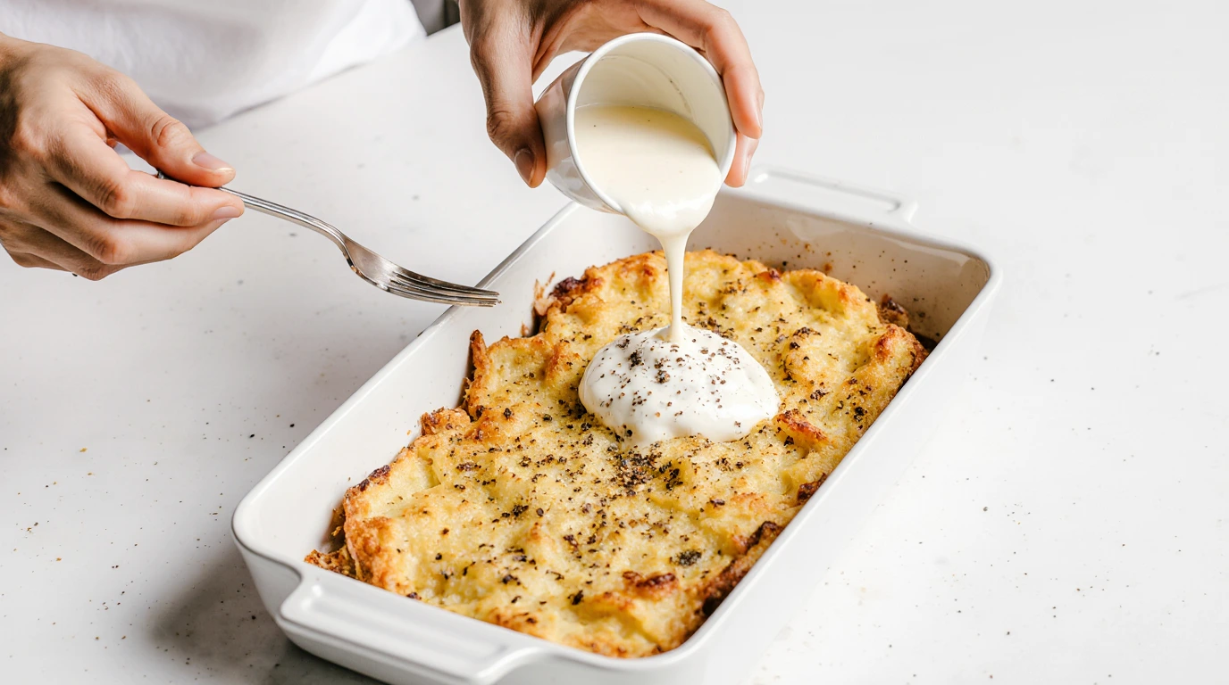 Gratin de Figatellu corse doré au four, avec des tranches de figatellu croustillantes, pommes de terre fondantes et oignons caramélisés dans un plat rustique en céramique.