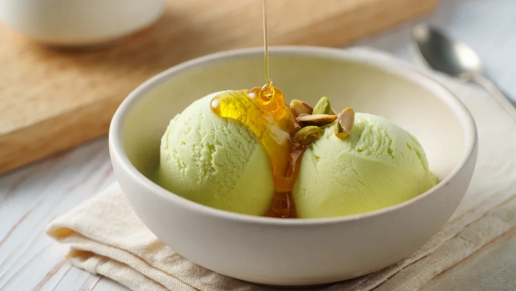 Glace pistache maison crémeuse, réalisée sans colorant, à base de crème anglaise et pâte de pistache pure. Étapes illustrées : préparation de la crème, maturation, turbinage, service élégant. Texture onctueuse, couleur verte naturelle, visuels doux et gourmands.