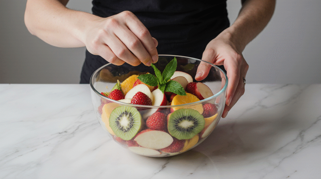 Salade de fruits colorée servie dans un grand bol en verre avec morceaux de fraise, kiwi, ananas et raisin