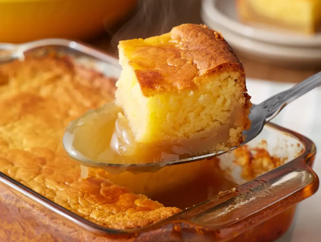 Pouding chômeur maison au sirop d’érable, gâteau doré et moelleux avec sauce fondante, présenté dans un plat carré, ambiance rustique et chaleureuse.
