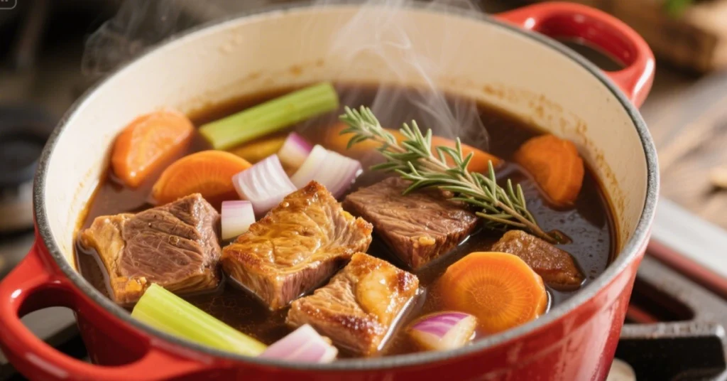 Recette paleron de bœuf braisé servi dans une cocotte rouge, avec pommes de terre, carottes et sauce onctueuse