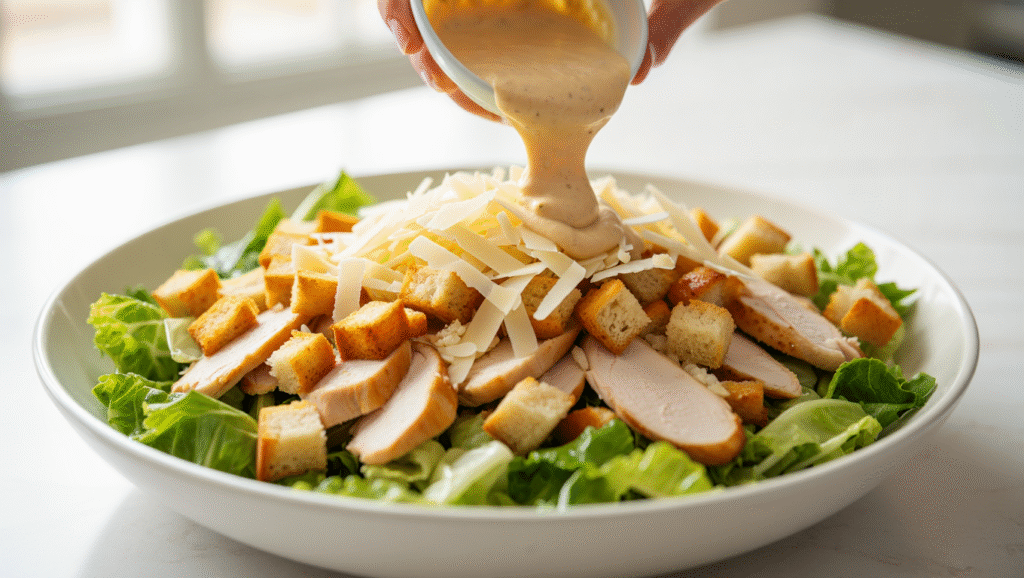 Une salade César fraîche et appétissante, composée de feuilles de laitue romaine croquantes, de morceaux de poulet grillé dorés, de croûtons maison croustillants et de copeaux de parmesan frais. Une sauce César crémeuse est délicatement drizzle sur le dessus, mettant en valeur les textures et les couleurs vibrantes. Servie dans un bol en bois ou une assiette élégante, cette recette facile et rapide est parfaite pour un repas léger et gourmand.