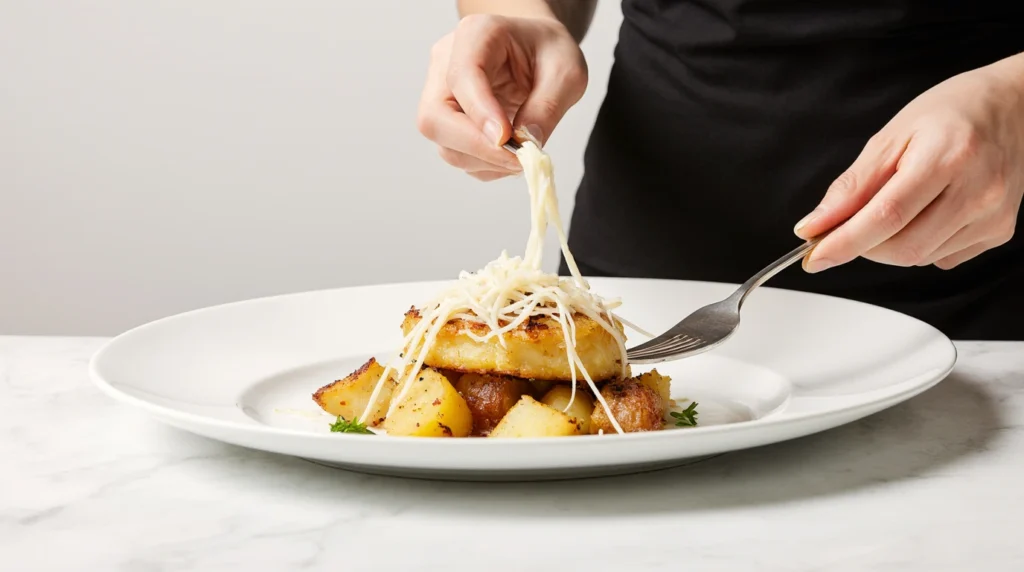 Gratin de Figatellu corse doré au four, avec des tranches de figatellu croustillantes, pommes de terre fondantes et oignons caramélisés dans un plat rustique en céramique.