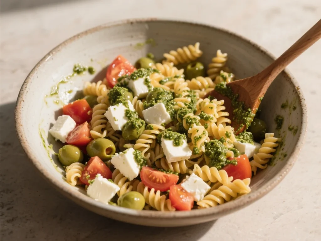 Salade de pâtes italienne colorée servie dans un grand bol blanc avec tomates cerises, mozzarella, basilic et olives noires