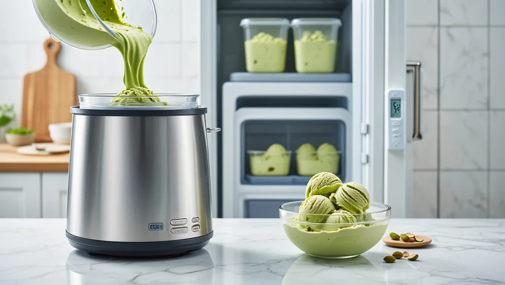 Glace pistache maison crémeuse, réalisée sans colorant, à base de crème anglaise et pâte de pistache pure. Étapes illustrées : préparation de la crème, maturation, turbinage, service élégant. Texture onctueuse, couleur verte naturelle, visuels doux et gourmands.